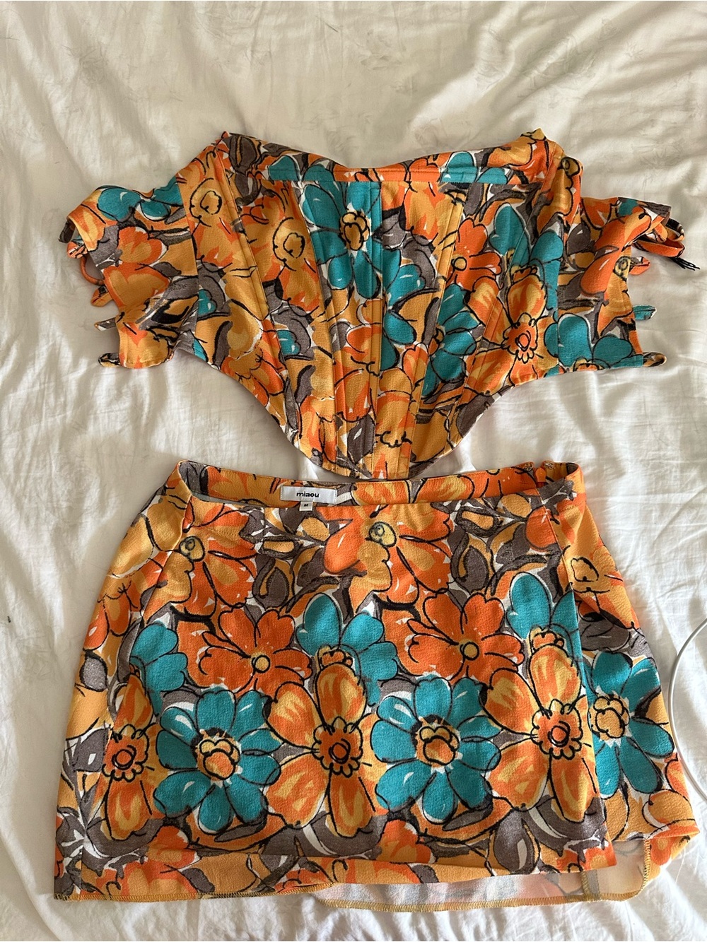 Miaou Floral Two-Piece Set in Orange & Teal Corset Top Small Skirt Size Medium